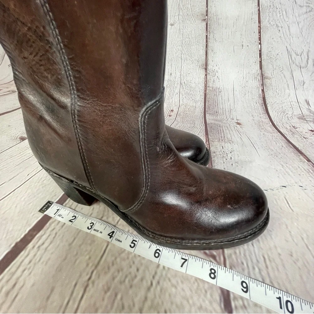 FRYE Sabrina brown leather block heel round toe campus mid boots, size 6.5 - Picture 14 of 15